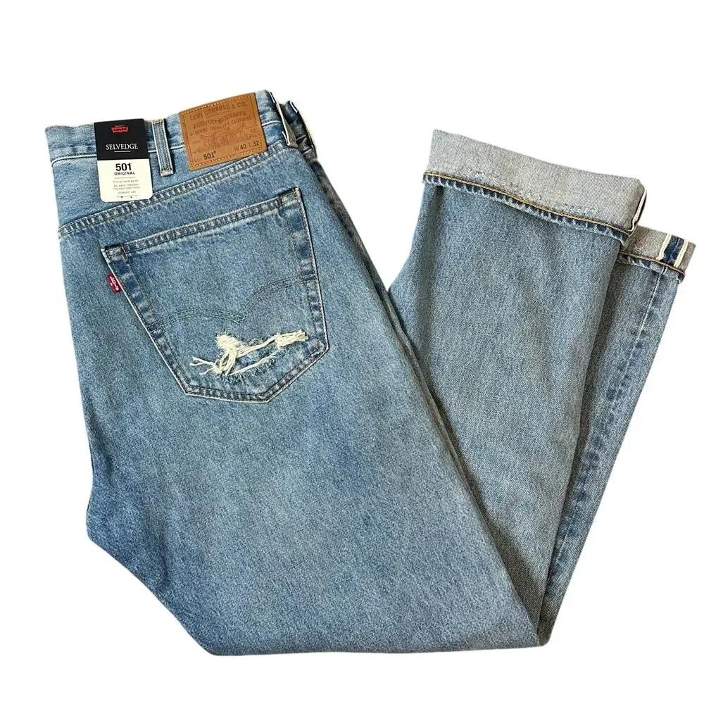 Levi's Selvedge 501 Blue Jean Turquoise Rivet Distressed Mens 40 x 32 Straight